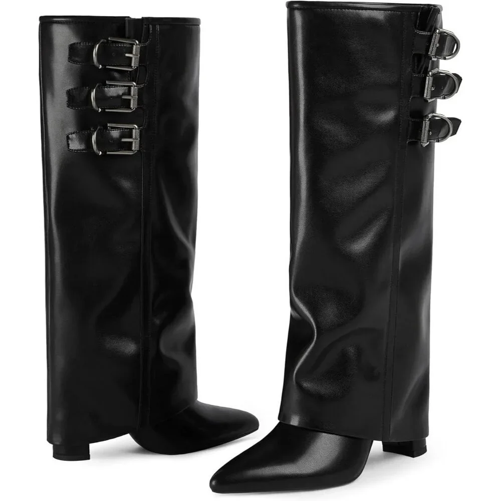 Women Black-buckle Faux Leather Fold Over Knee High Chunky High Heels Boot